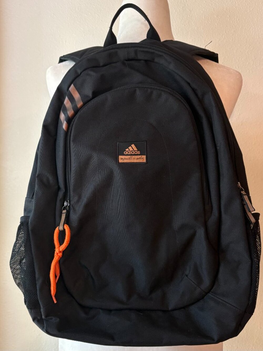 EUC adidas Daily Sports School Backpack Black Canvas Orange Pulls Back-to-School